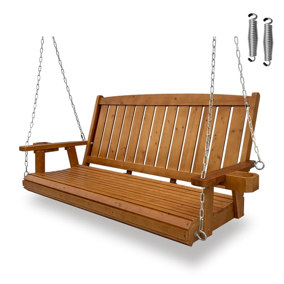 Fortune Candy Wooden Porch Swing 3-Seater, Bench Swing with Cupholders (Brown, 5 FT Extra Large)