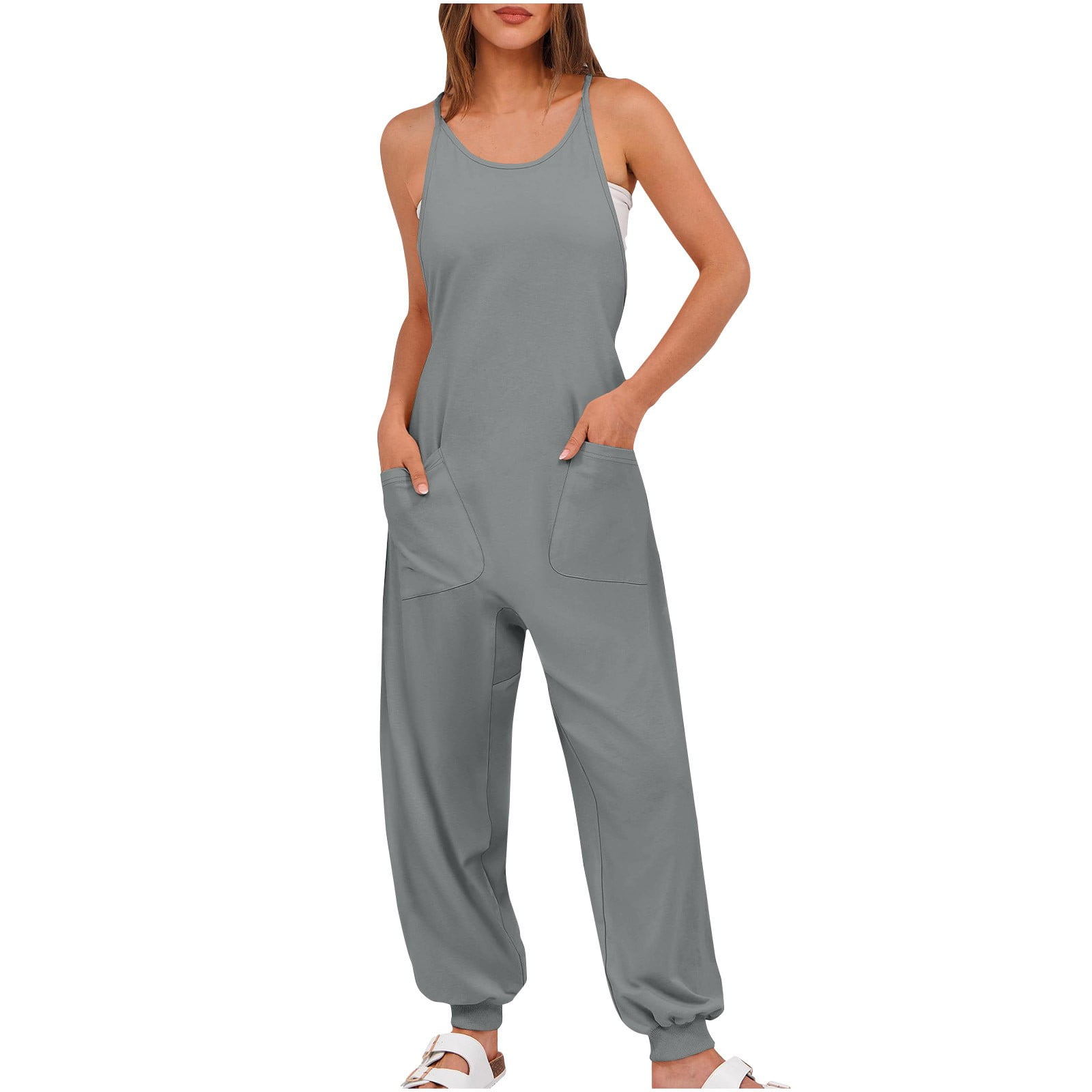 lcziwo Women's Causal Sleeveless Jumpsuits Summer Scoop Neck Harem Overalls Loose Fit Spaghetti Straps Romper with Pockets Holiady Going Out Outfits Gray M