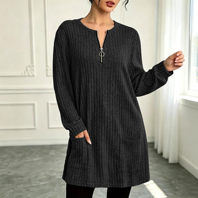 black knit tunic dress Women's Soft Ribbed Top Half Zip V Neck Long Sleeve Casual Mini with Pockets Loose Fit Long Pullover Shirt for Leggings color-royal-blue