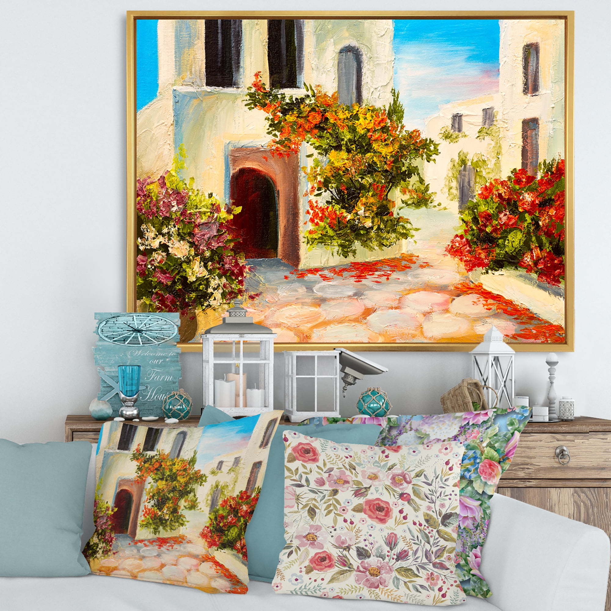 The Mountain With Flowers With Little House I 20 in x 12 in Framed Painting Canvas Art Print, by Designart