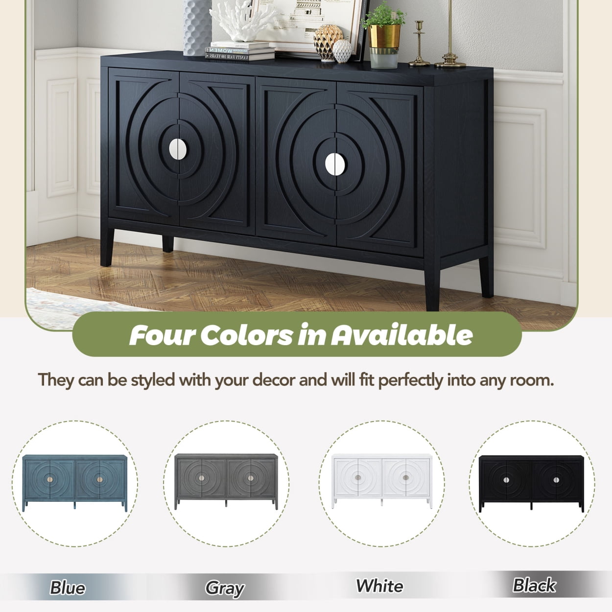Retro Console Table, Modern Buffet Sideboard with 4-Doors and Adjustable Shelves, Entryway Sofa Table with Circular Groove Design and Metal Handle for Living Room Bedroom Hallway, Black