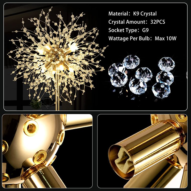 Crystal Floor Lamp, 69" Modern Standing Lamp With 659 K9 Crystals & Foot Switch - Gold Pole Living Room Lighting