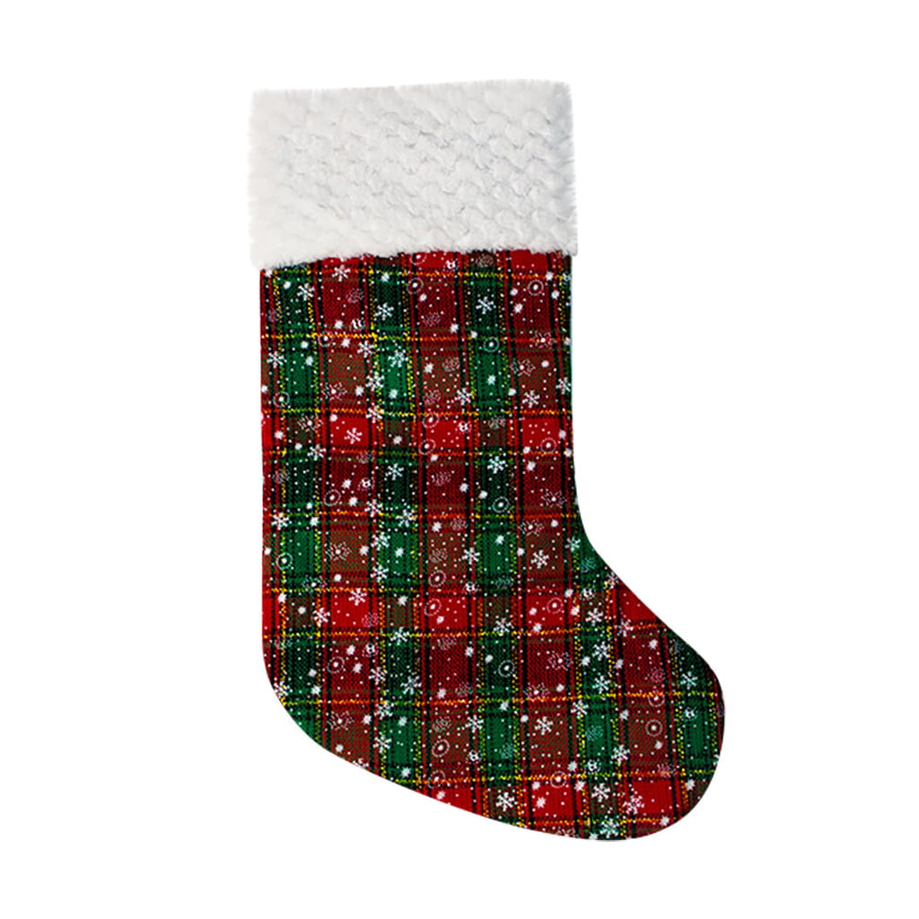 Cat w/Plaid Bow & Fuzzy Hat Christmas Stocking-Decorative Felt Stocking 