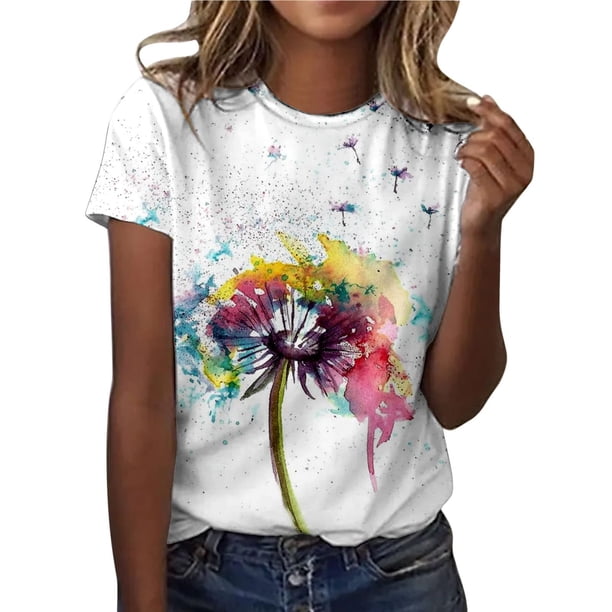 Blusa informal de manga corta con cuello redondo y estampado de verano a la moda para mujer Pompotops hfajkhk134178