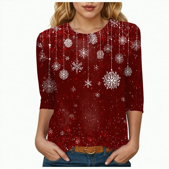 Dmsael Women'S Christmas Tops Women Christmas Shirts Christmas Tree Printed Tshirts 3/4 Sleeve Crew Neck Tops Holiday Xmas T-Shirts Pink,2XL
