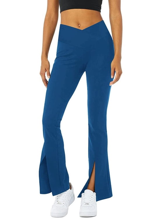 Solid Color Middle Waist Women Low Cut Casual Pants Split V Shape Flare Leg Long Trousers