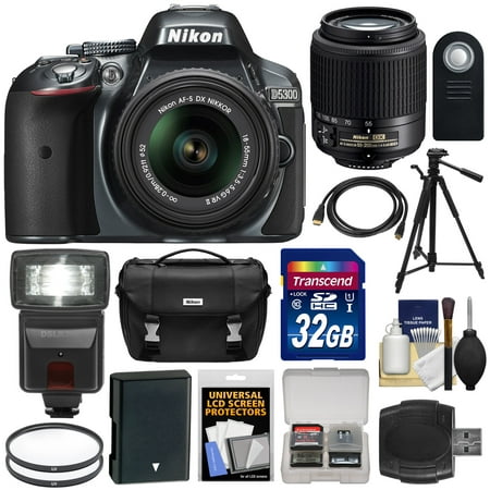 Nikon D5300 Digital SLR Camera & 18-55mm G VR DX II Zoom (Grey) + 55-200mm DX AF-S Lens + 32GB Card + Battery + Case + Tripod + Flash + Filters Kit