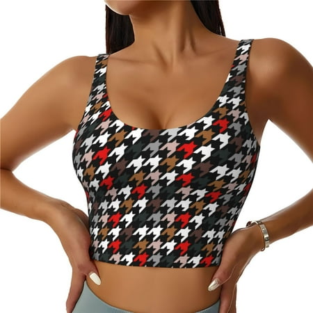 Jgfou Houndstooth Green Red Print Womens Sports Bra - Padded Workout Sports Bras Crop Tank Top