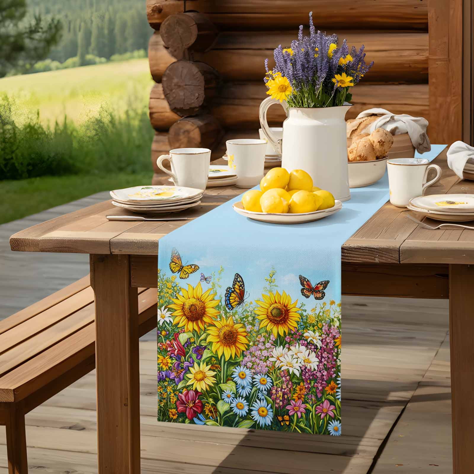 Summer Idyllic Sunflower Daisy Butterfly Table Runner 90 Inches Long, Watercolor Flower Table Runners Tabletop Scarf Kitchen Dining Tables Decoration for Home Party Indoor Outdoor