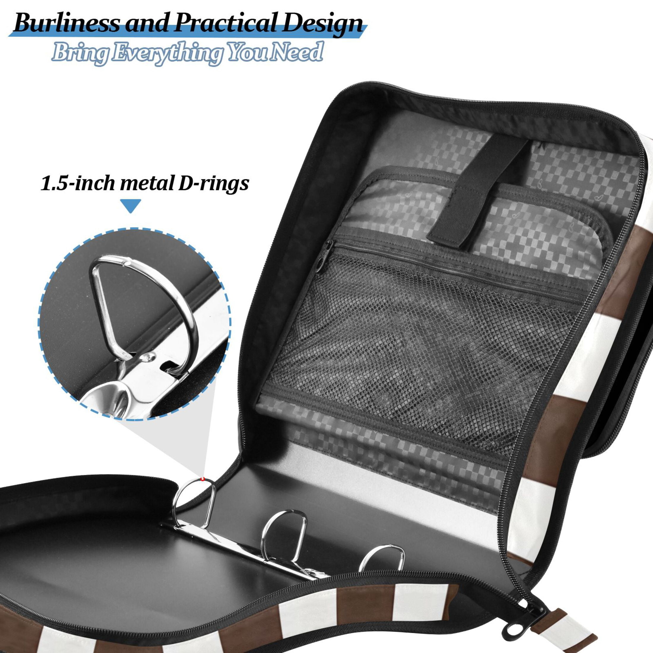 3 Ring Zipper Binder with Shoulder Strap Waterproof Trapper Keeper 2 Inch D-Ring 500 Sheets Capacity Dark Brown and White Striped