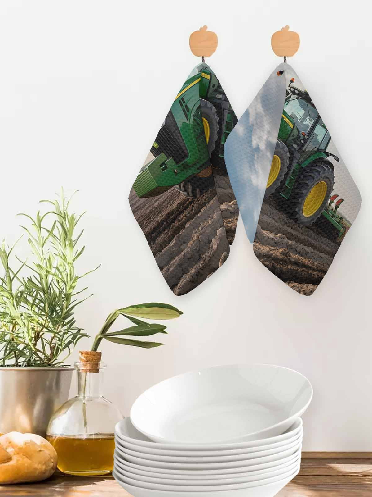 Farm Tractor Kitchen Dish Towels for Drying Dishes Set of 4, Green Truck Country Rustic Field Harvester Waffle Weave Microfiber Hand Tea Bathroom Towels Quick Dry & Absorbent Towel 12x12