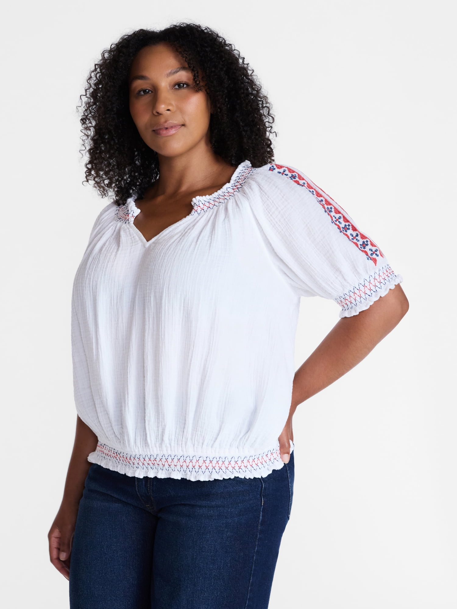 Time and Tru Women's Embroidered Peasant Top, Sizes XS-XXXL