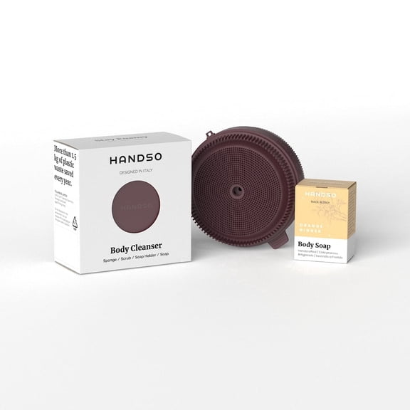 Handso 2-Piece Skincare Bath Set, Purple Plum Silicon Body Cleanser and Orange Ginger Body Soap