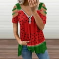 thumbnail image 2 of Watermelon Red And Bright Womens Summer V Neck Zipper Top Short Sleeve T Shirt Off Shoulder Top Casual Classy Loose Shirts, 2 of 7