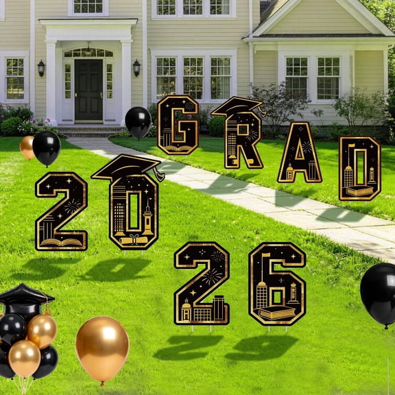 Graduation Yard Signs Class of 2026, 10 PCS Black and Gold Yard Decorations Outdoor with Stakes, Large Outdoor Grad Party Decor for High School, College