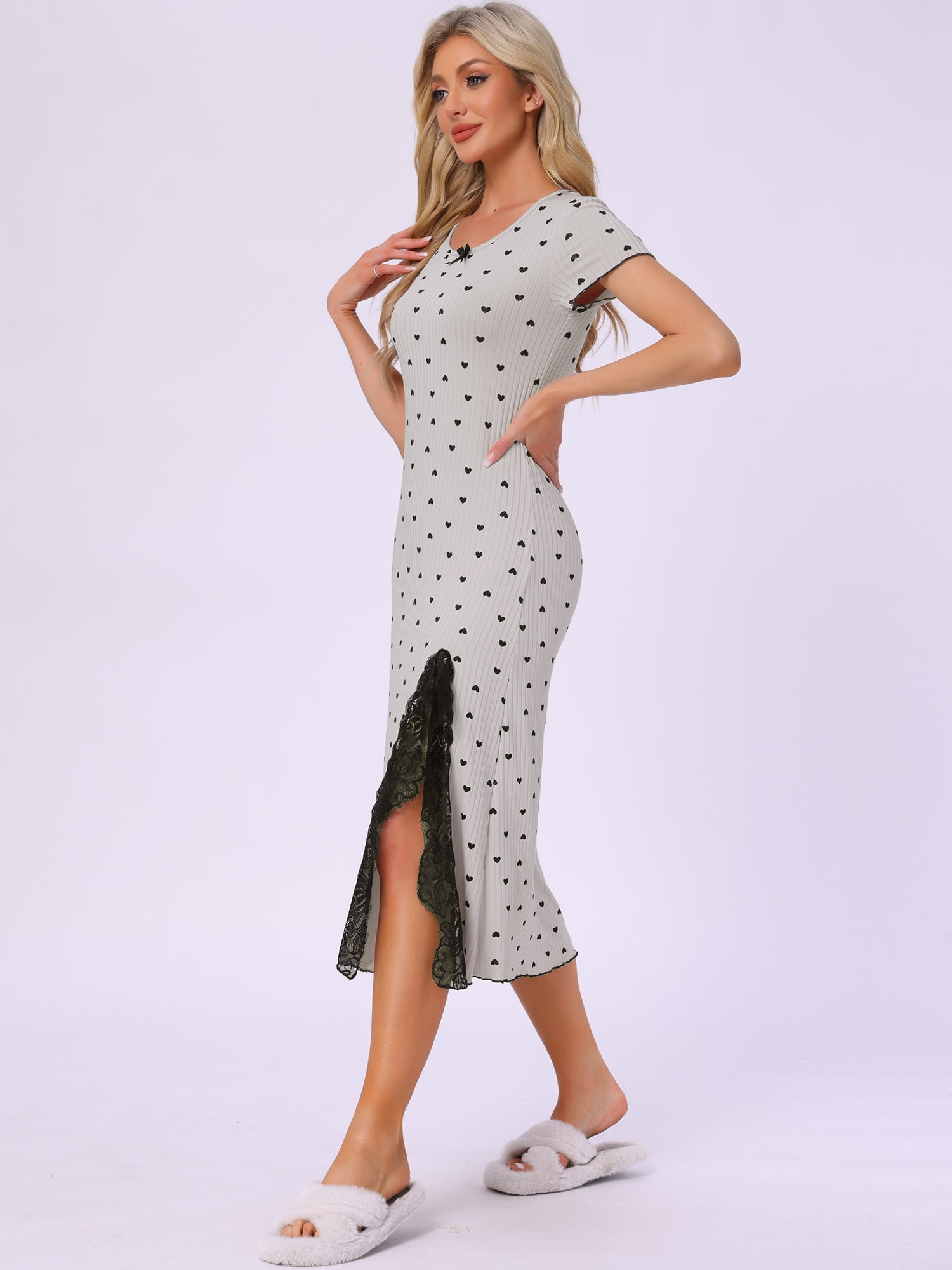 DARING DIVA Women's Short Sleeve Heart Print Lace Trim Ribbed Nightgown S Gray