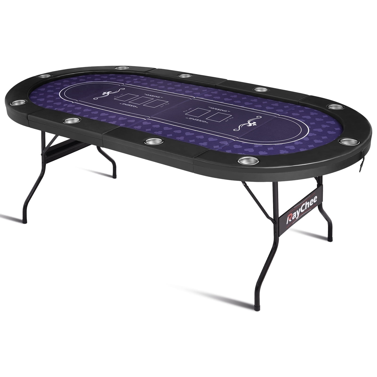 RayChee 84 Inch Foldable Poker Table for 10 Players, Casino Leisure Game Table, Folding Texas Holdem Blackjack Table with Padded Rails and Cup Holders for Home Game Room