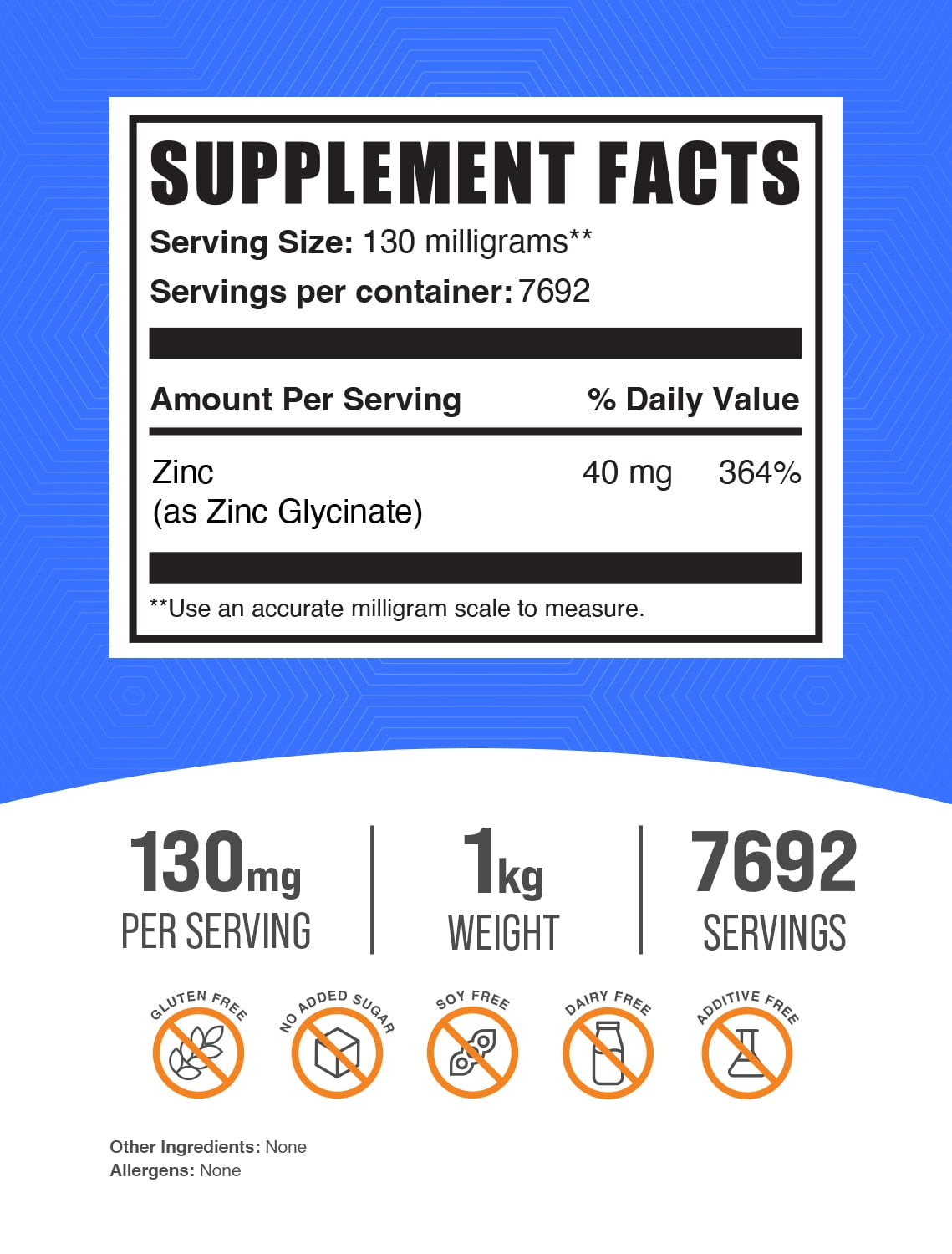BulkSupplements Zinc Glycinate Powder - Gluten Free, 130mg per Serving - 1 Kilogram (2.2 lbs) - 7692 Servings