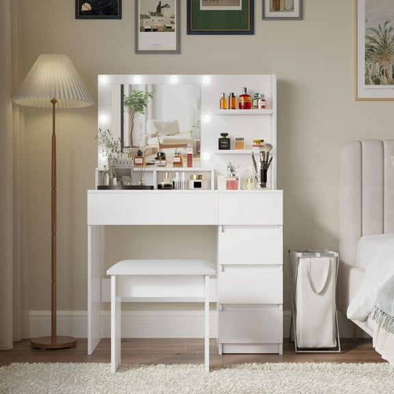 BaPiPro Vanity Desk Set with Lighted Mirror & Stool, White Makeup Vanity Table with 3 Lighting Modes & Adjustable Brightness, Large Storage Dressing Table for Bedroom
