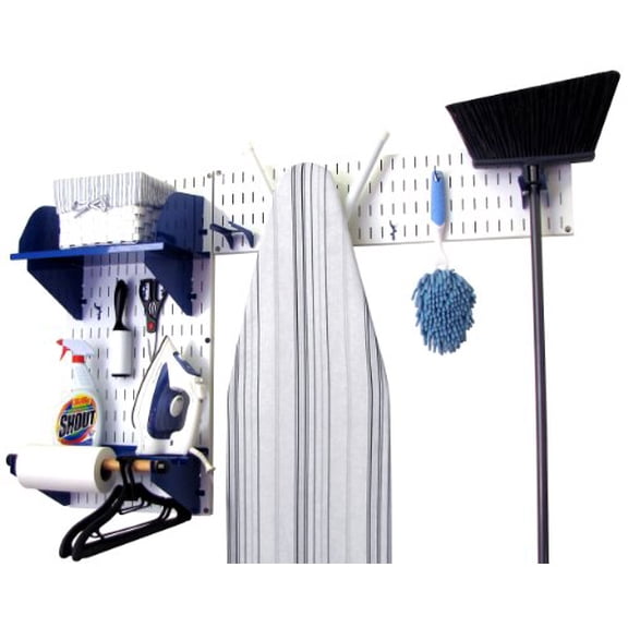 Wall Control Laundry Room Organizer Wall Mounted Laundry Room Storage and Organization Standard Kit White Wallboard and Blue Accessories