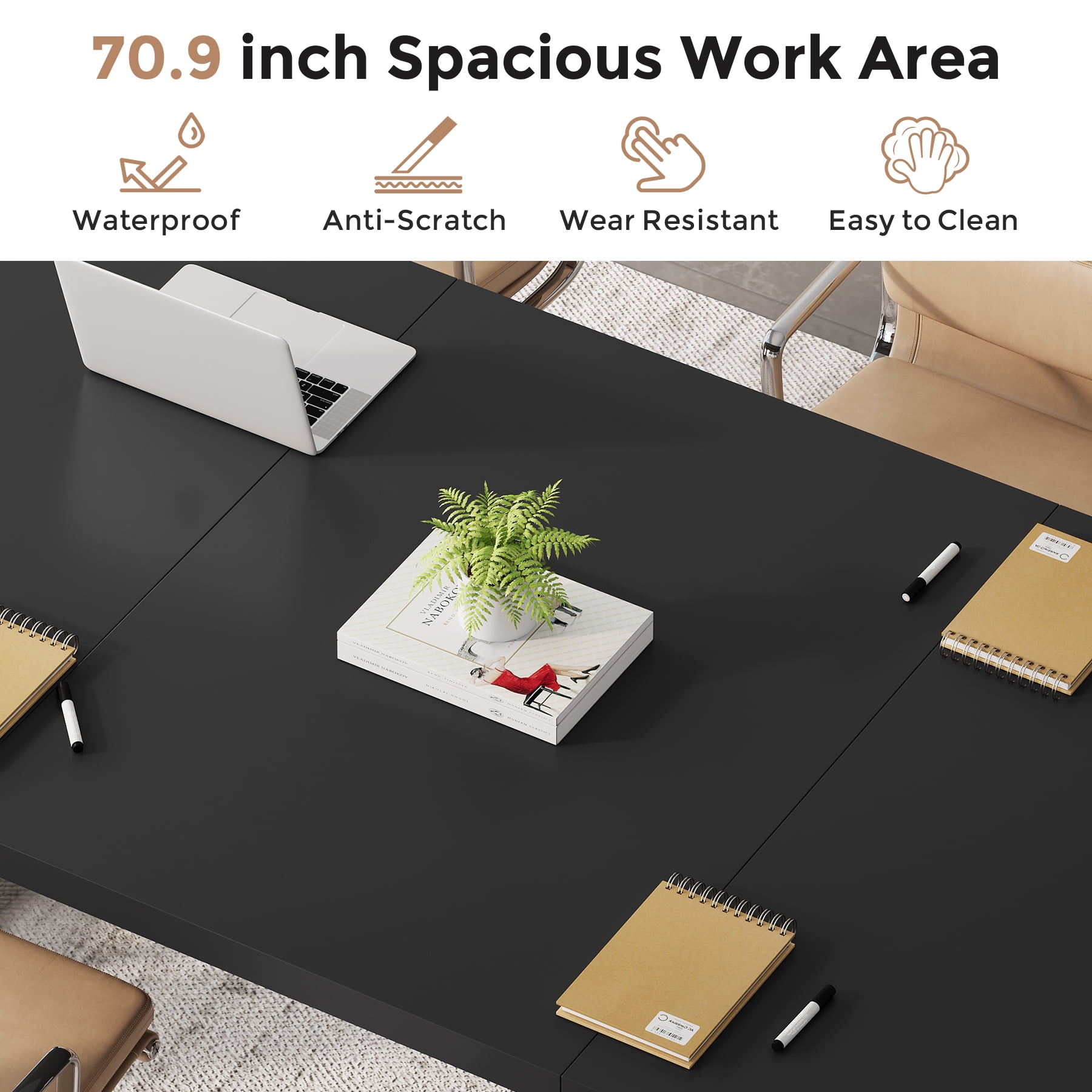 Condemo 71 inch Large Executive Office Desk, Simple Computer Desk Workstation, Modern Study Writing Table, Black