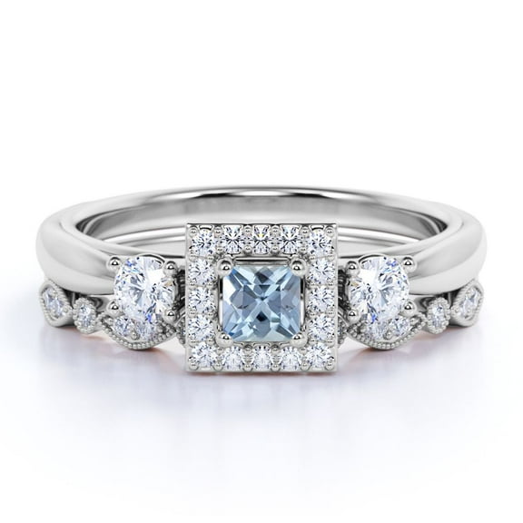 JeenMata Trilogy 1.5 TCW Princess Cut Lab Created Aquamarine and Moissanite Square-Shaped Halo Wedding Ring Set