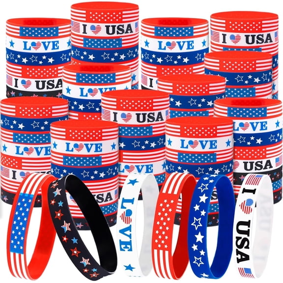 Patriotic Silicone Rubber Bracelets Party Favors, 144 Count Bulk USA Flag Wristbands, Red White Blue Independence Day Memorial Day Decorations Gift Supplies