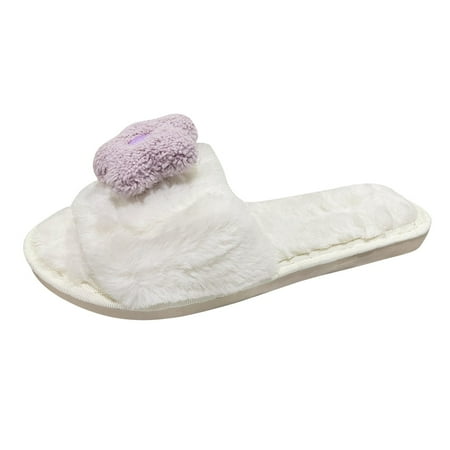 

House Slippers For Women Ladies Fashion Solid Color Plush Open Toe Flower Decoration Flat Casual Cotton Slippers