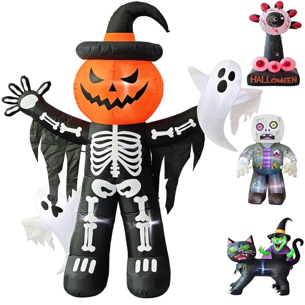 Decoración inflable LANGXUN con forma de esqueleto de calabaza de 8 pies con fantasmas