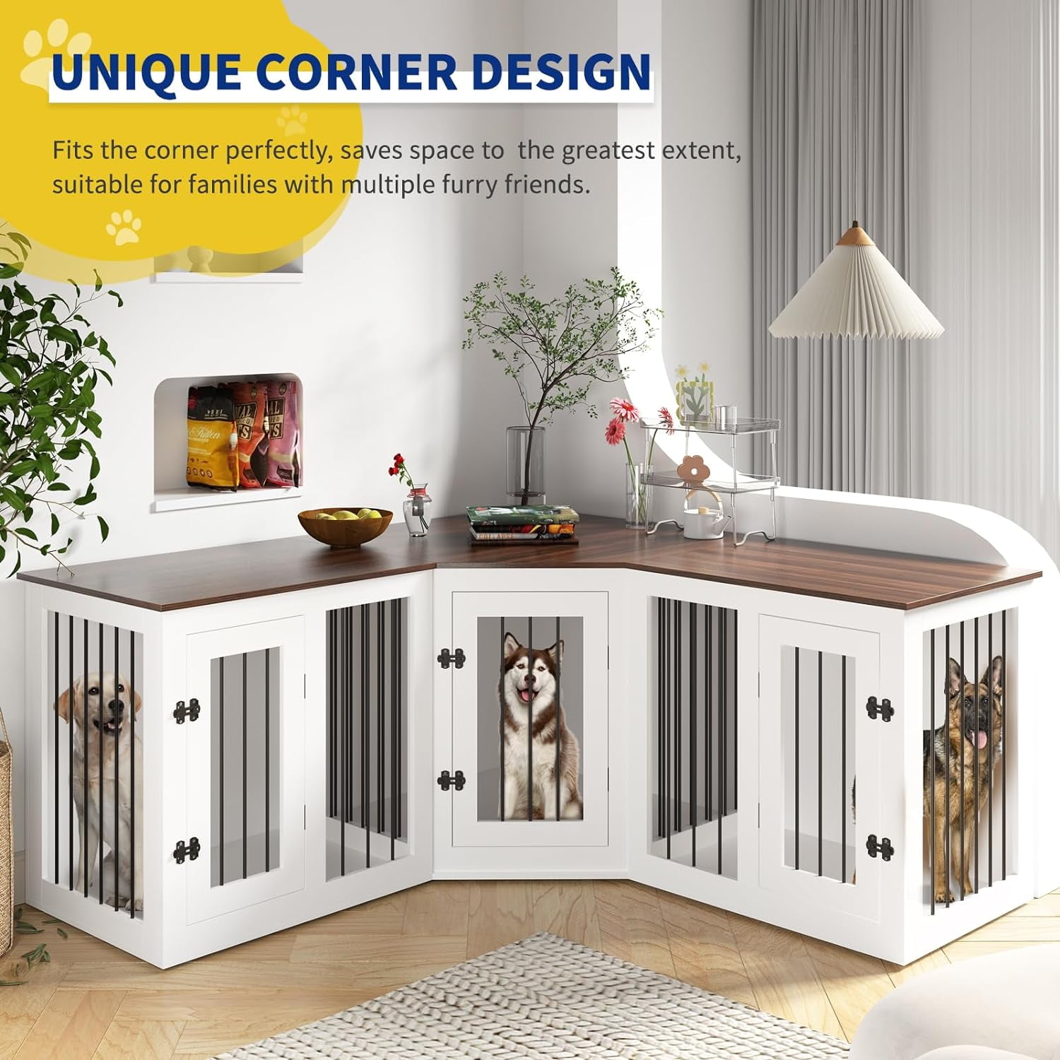 Large Dog Crate Furniture for 3 Dogs, Cuoote 113" Corner Dog Kennel, 3-in-1 Heavy Duty Indoor Wooden Crate for Small, Medium & Large Dogs