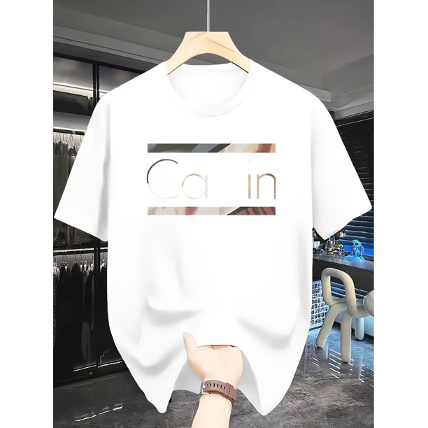 Men's Casual Short Sleeve T-Shirt - Bold CALVIN Graphic Print, Black with White & Golden Lettering, Regular Fit Summer Top, Machine Washable, Casual Sporty Tee, Comfy Tee