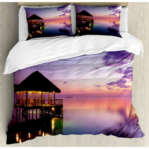 Tropical Duvet Cover Set, Arbor on Sea at Dramatic Night Paradise Maldives Sky Exquisite Coast View Art Print, Decorative 3 Piece Bedding Set with 2 Pillow Shams, Queen Size, Purple, by Ambesonne