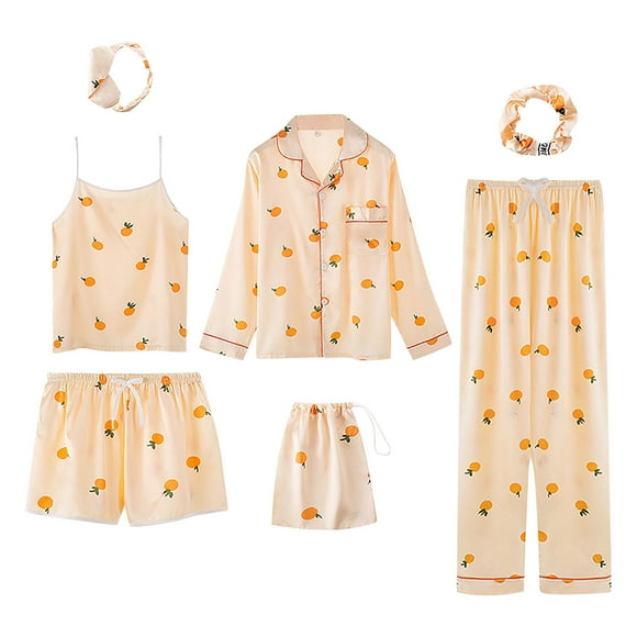 Women's Summer Pajamas Sets 7 Pieces Womens Pajamas Sets Faux Silk Pyjama Womens Pajamas Sleepwear Sets Spring Summer Homewear