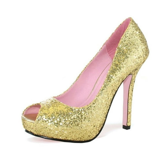 Leg Avenue Women's "ELLA" 5" Open-Toe, Glitter Pump with 1" Covered Platform Heel (Gold, 7)