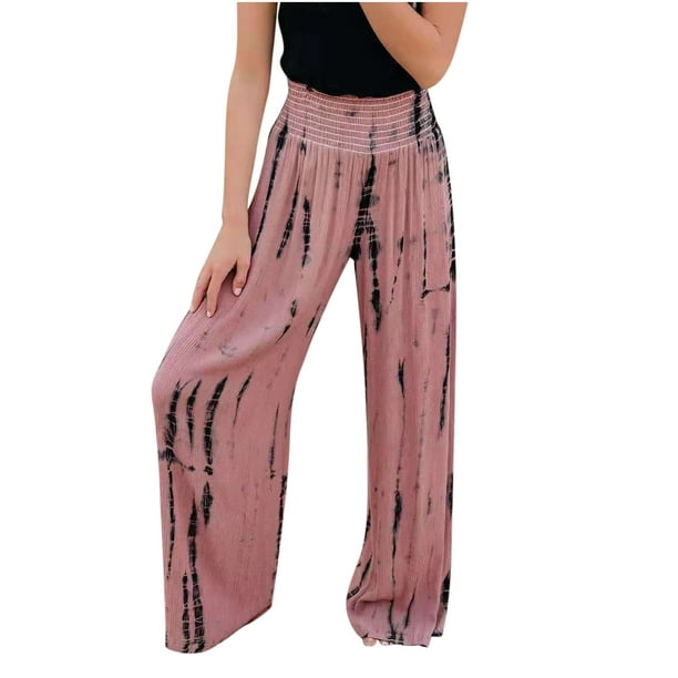 Women's Wide Leg Palazzo Lounge Pants High Waist Casual Loose Baggy Tie Dye Beach  Pants Trousers for Women with Pockets 