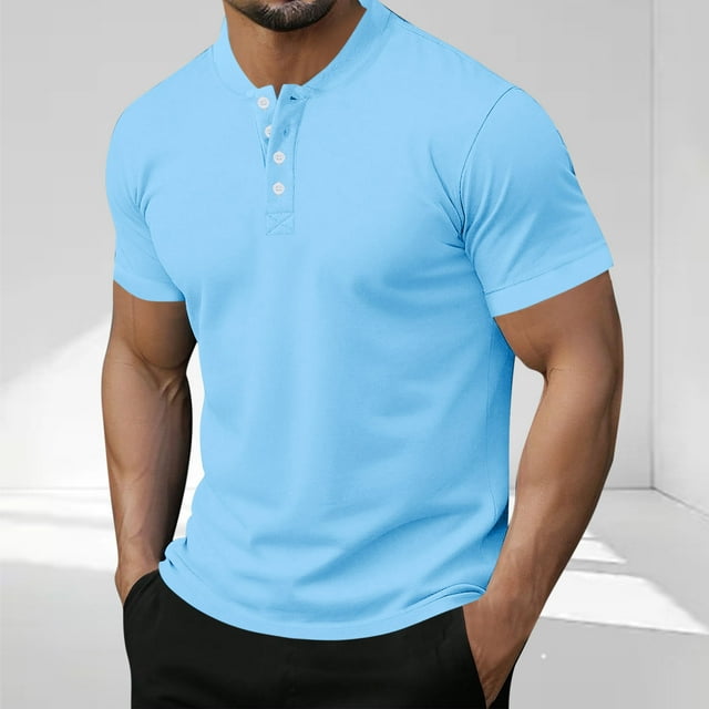 Wpawbk Men's Winter Polyester Fashion Casual Short Sleeve Button Round Neck Top Daily Outdoor