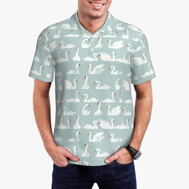 Balery White Swan Camisa Polo de Hombre con Estampado, de Manga Corta y Tejido Medio, Camisa Tipo Golf Polo-Large