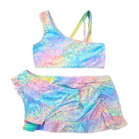 Girls Swimsuits 3 Piece Cute Bathing Suit Kids Child Flower Print Bikini Tops Underpants Ruffle Skirt Set Summer Beach Swim Suit Girls  Swimwear Multicolour Size 8-9 Years