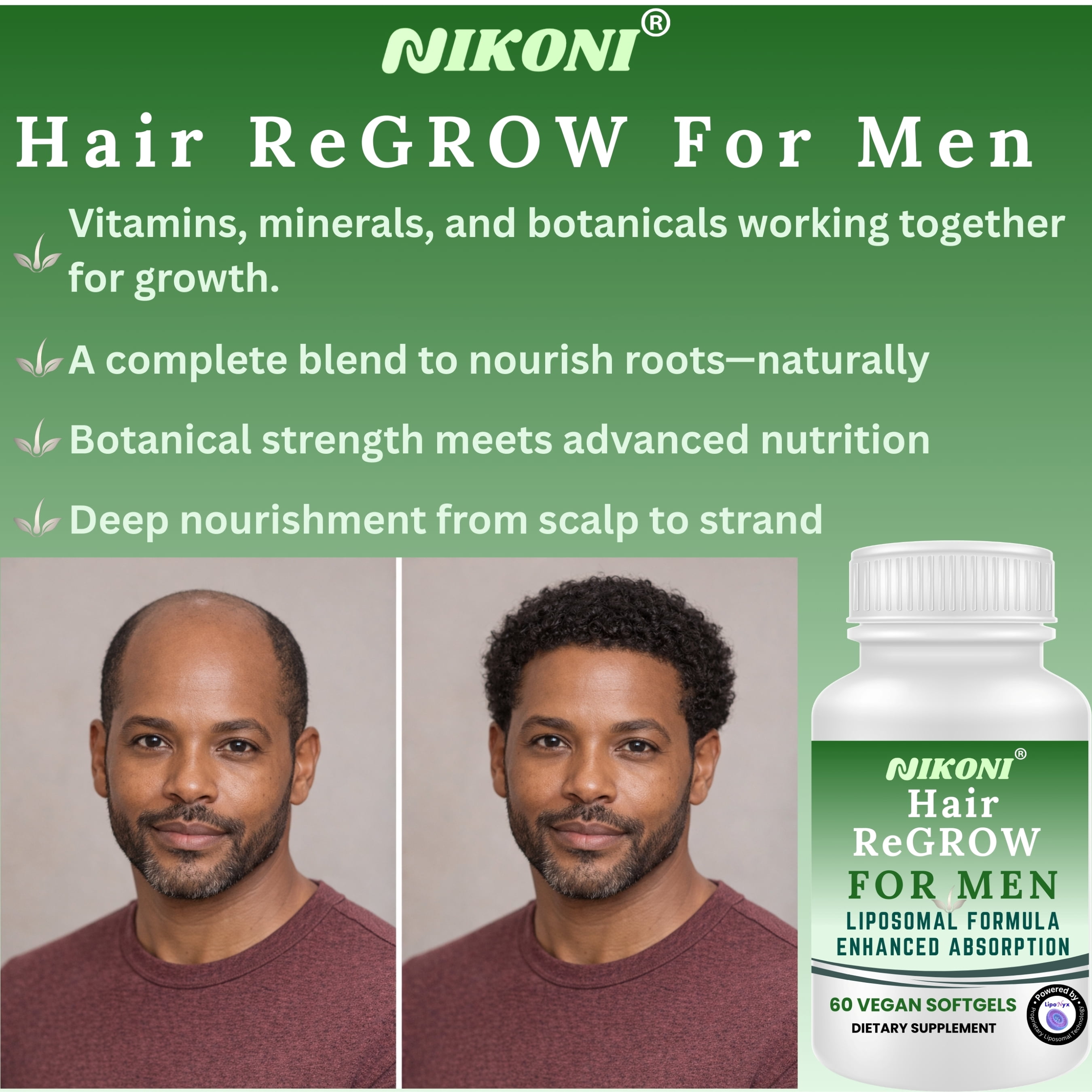 Nikoni Men's Hair ReGROW Liposomal Vegan Softgels with Biotin, Keratin, Saw Palmetto & Essential Nutrients-60 Vegan Softgels