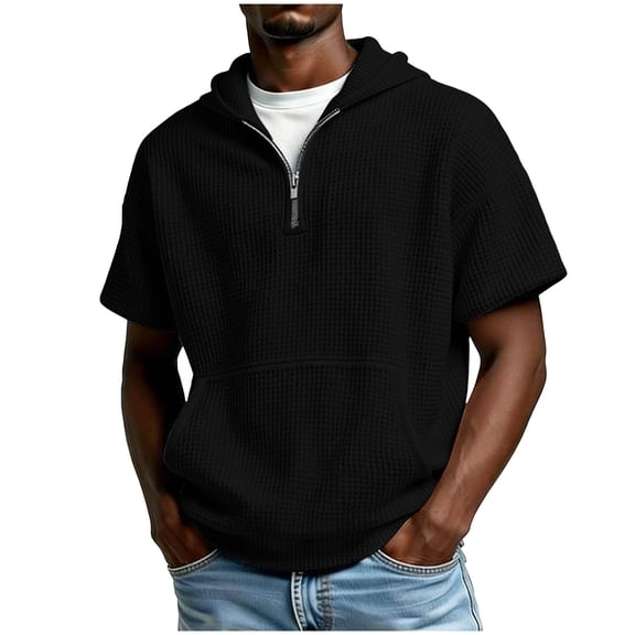 Chiccall Mens Short Sleeve Hoodies Casual Summer Fashion Textured Knitted Quarter Zip T Shirts Fashion Loose Pullover Tops