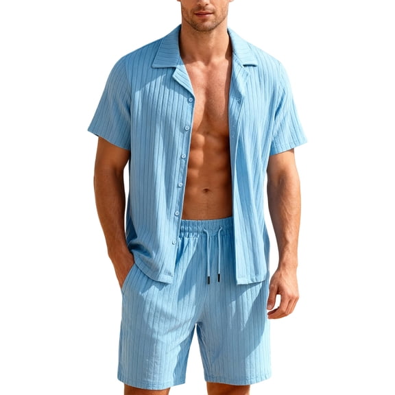 Men's Tropical Vacation Shirt and Shorts Matching Set Button Down Short Sleeve Drawstring Shirts Shorts Lapel Collar Textured Outfit Summer Beach Comfortable Athletic Casual Tracksuit,Light Blue 2XL