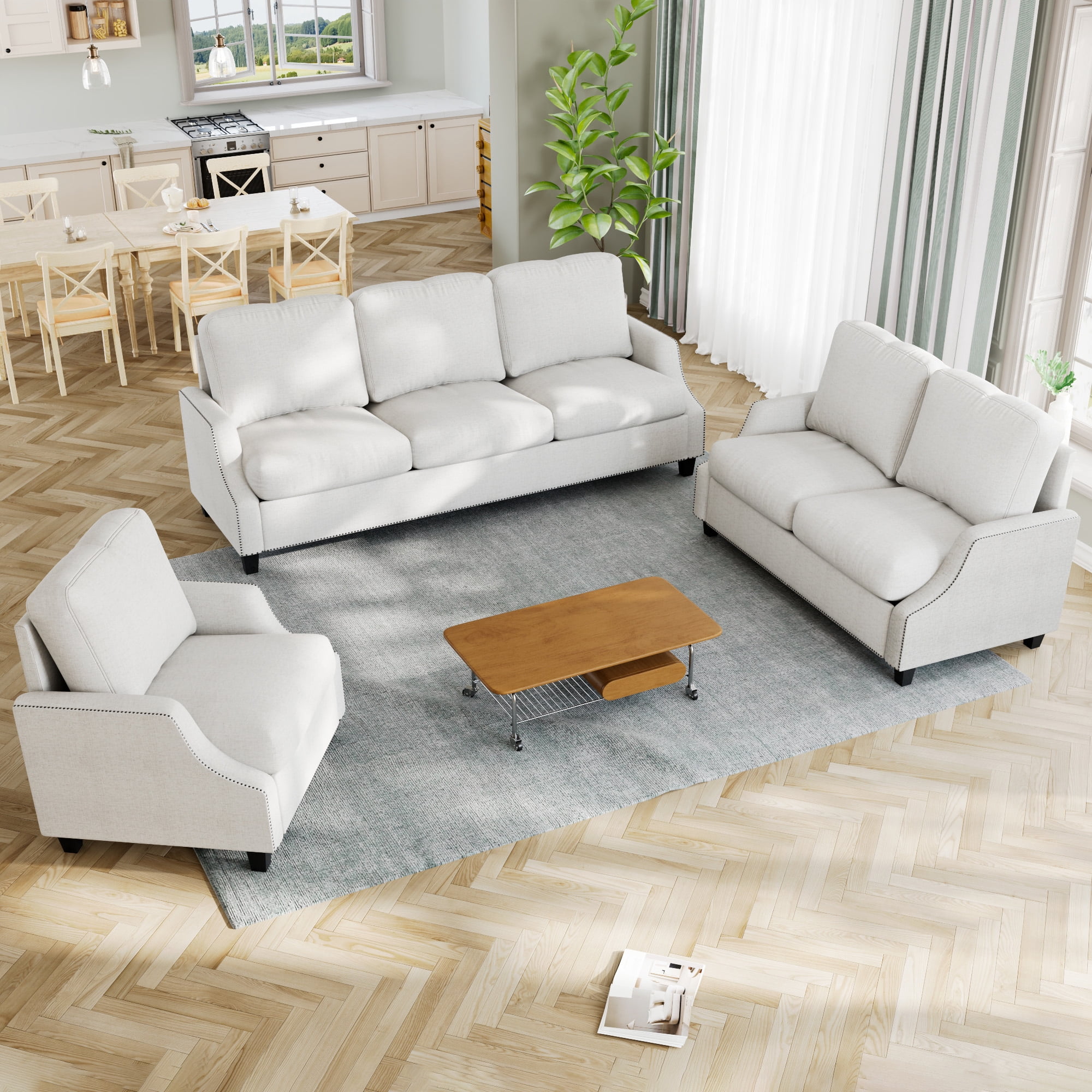 Aukfa 3 Piece Living Room Sofa Set, Modern Upholstered Sectional Couch with 3 Seater Sofa, Loveseat and Armchair, Furniture Set, Beige