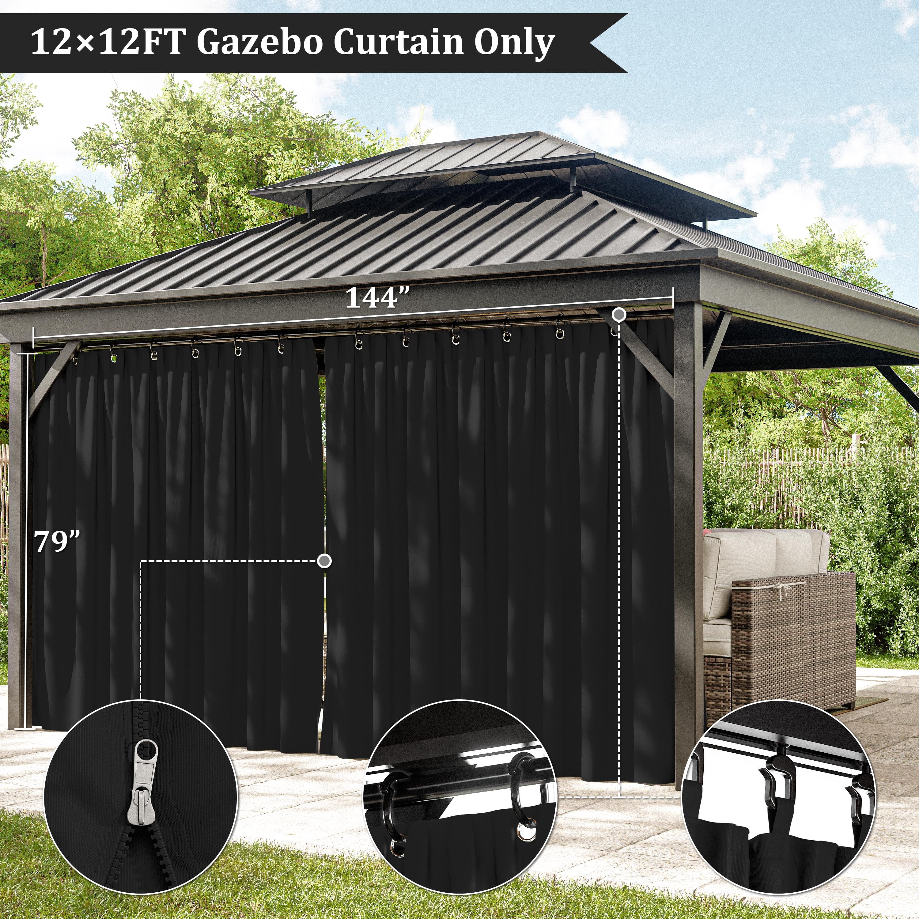 Pakunoda 4 Panel 12' X 6.5' Outdoor Curtains for 12' X 12' Gazebo, Waterproof Outdoor Privacy Curtain Panel set of 4, Black(Curtain Only)