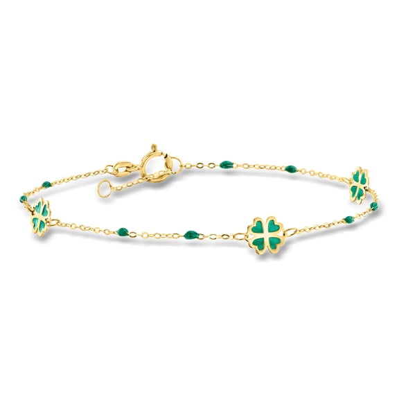 Ross-Simons Italian Green Enamel Clover Station Bracelet in 14kt Yellow Gold, Women's, Adult