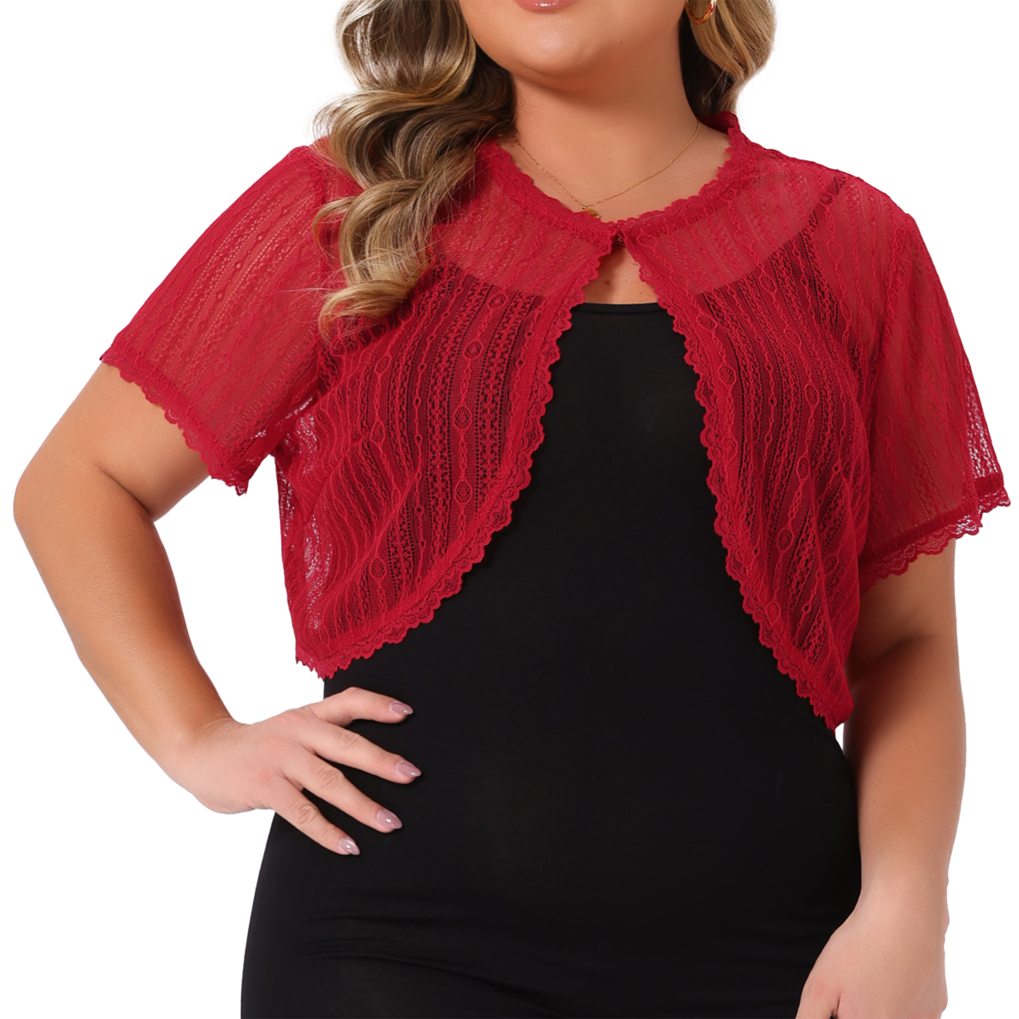 DARING DIVA Plus Size Lace Shrugs Sheer Short Sleeve Bolero Tops 2X Red