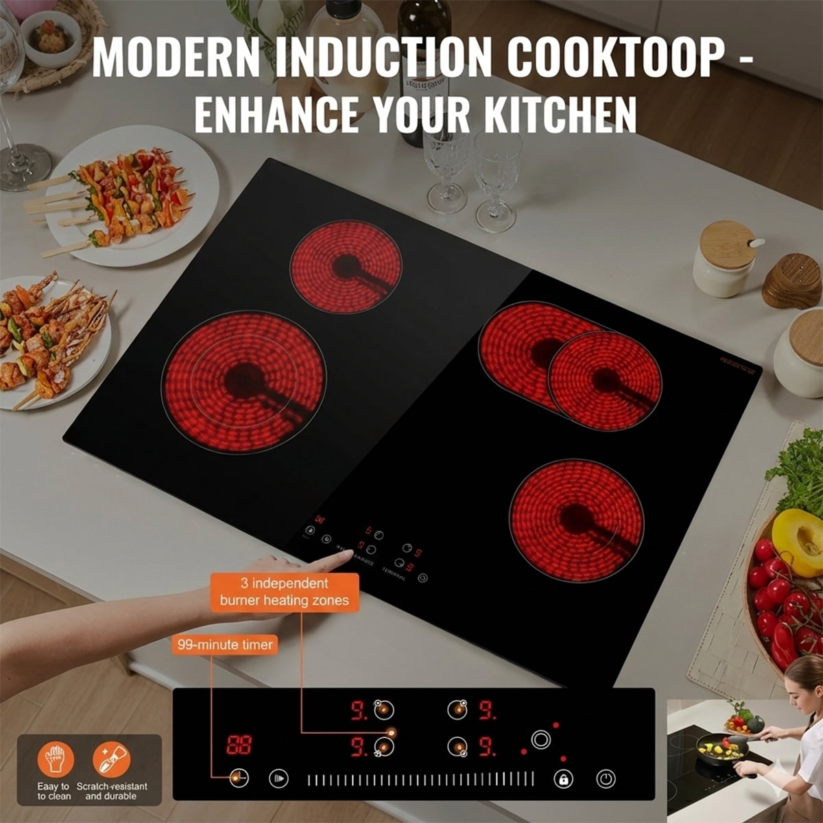 30 Inch Built-In Electric Cooktop, 4 Burner Ceramic Glass Cooktop with Knob Control - 7200W, 11 Heat Levels, 240V Hardwired Installation (No Plug)