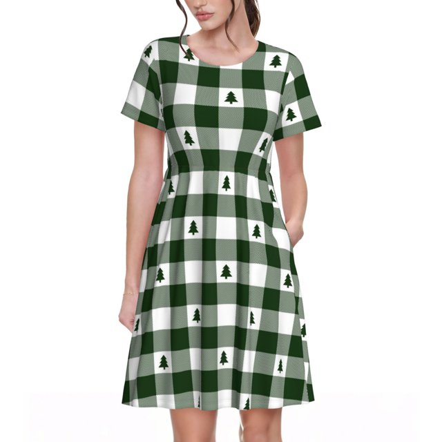 Balery Green White Christmas Tree Lumberjack Plaid Vestidos sueltos de manga corta para mujer, vestidos de verano 2025, vestidos casuales de corte A con vuelo.