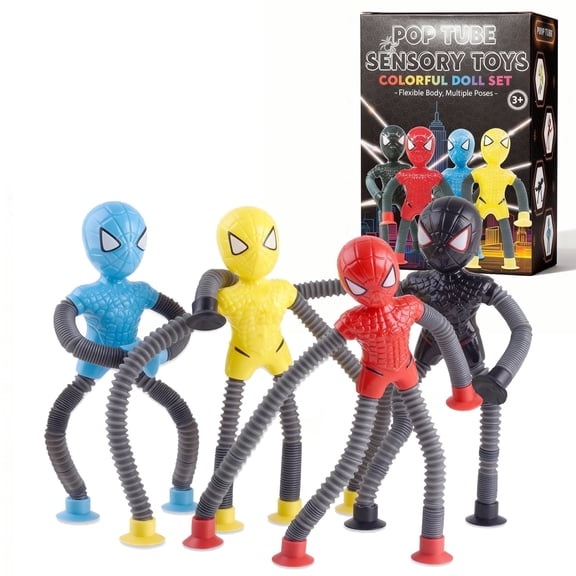 Superhero Sensory Toys 4-Pack, Pop Tube Fidgets with Suction Cup Base for Travel - Toddler Toys for Boys Kids Ages 3 4 5 6 7 8 9, Autism Stocking Stuffers