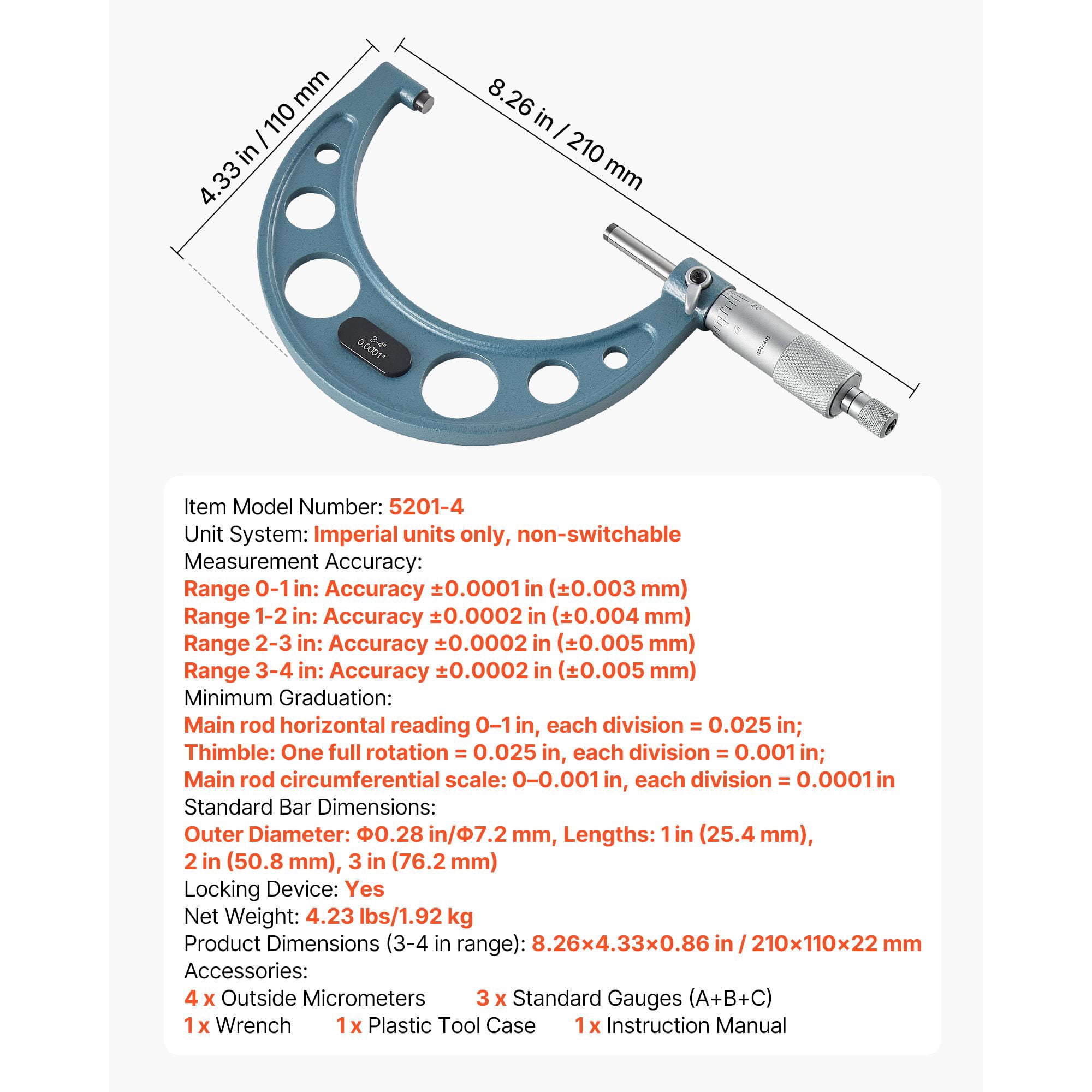 4-Piece High-Precision Micrometer Set, 0-4 inch Range, Carbide-Tipped Measuring Face, Includes 3 Calibration Rods & Hard Case, for Precision Engineering & Machining