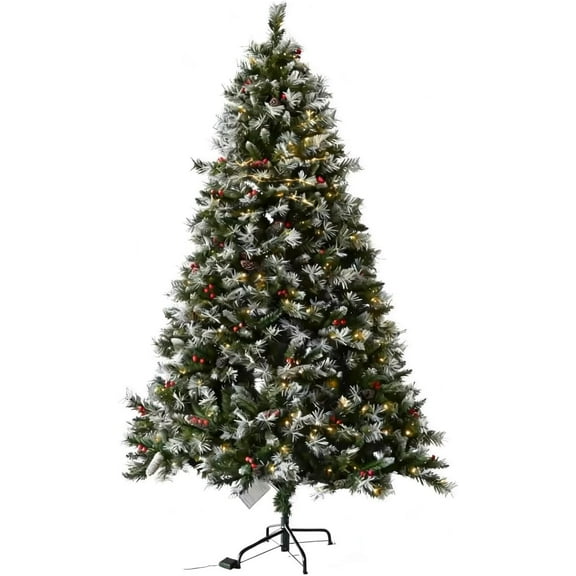 Towallmark 6 Ft Pre-Lit Christmas Tree, Partially Flocked & Frosted Xmas Tree with 350 Lights, 8 Lighting Modes and 876 Branch Tips, Easy to Assemble for Holiday Party Decoration